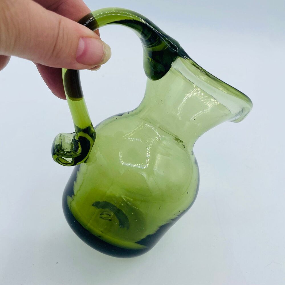 Vintage 5” Tall Green Hand Blown Small Art Glass Pitcher Applied Handle